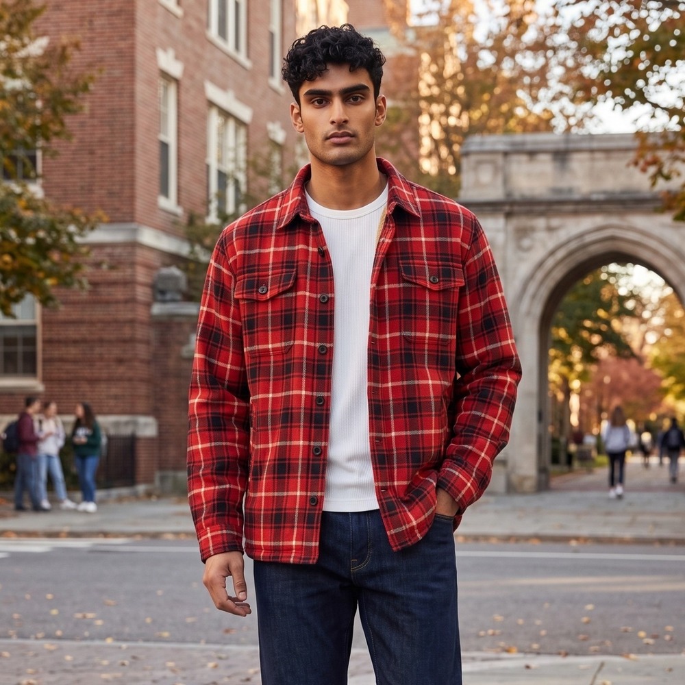 Abercrombie & Fitch Mens Red Plaid Sherpa Lined Flannel Shirt Jacket Shacket VTG